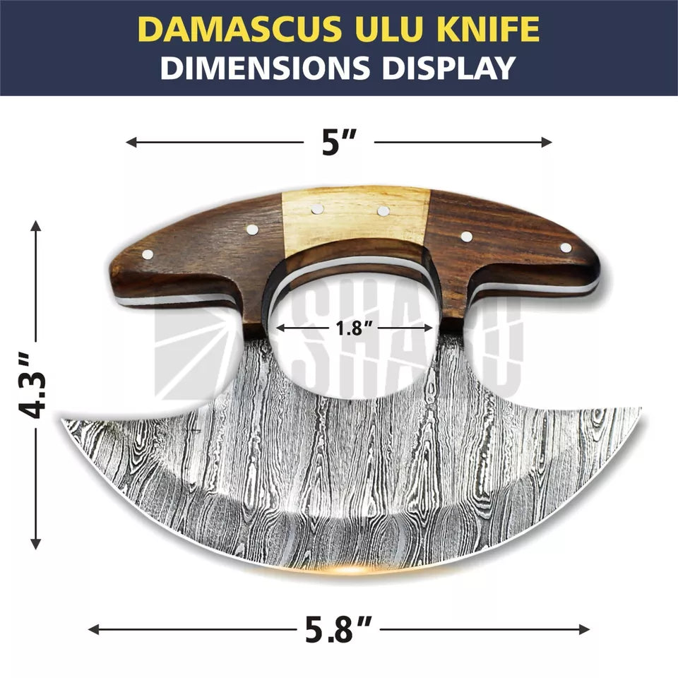 Hand-Forged Damascus Steel Ulu Knife with Sheath