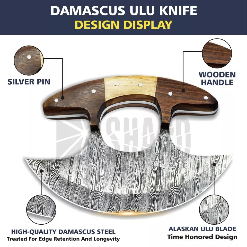 Hand-Forged Damascus Steel Ulu Knife with Sheath